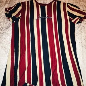 Red, dark blue and cream striped t-shirt